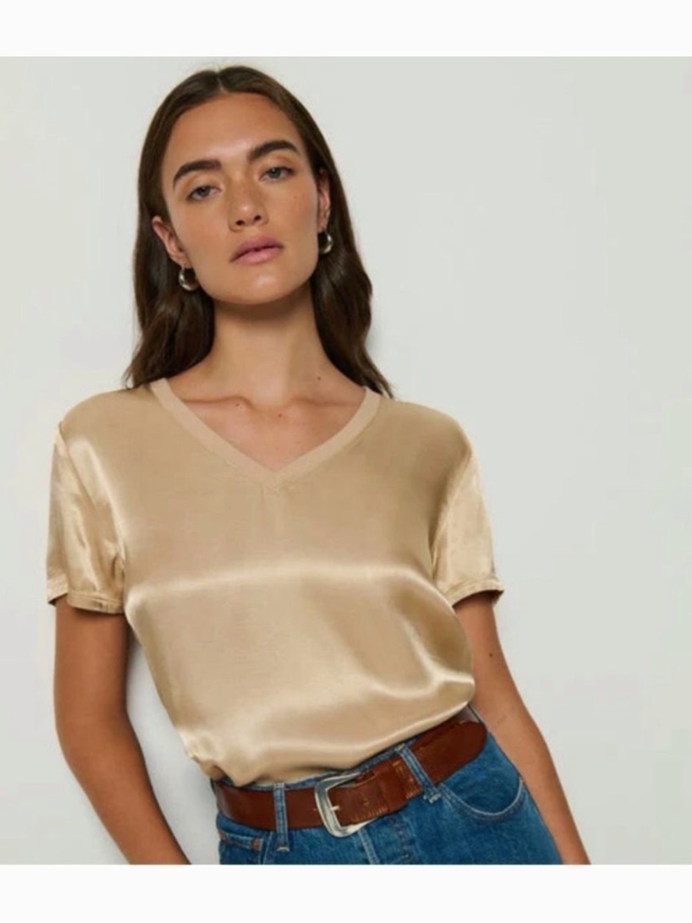 Nation LTD June V Neck Tan Hammered Charmeuse Satin Short Sleeve Tee Size XS NWT
